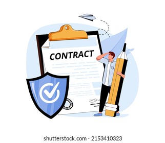 Clerk, Signed Document And Shield. Concept Of Employee Insurance, Protection Of Worker's Health, Work Injury Compensation, Benefits Provided By Company. Modern Flat Illustration For Poster.