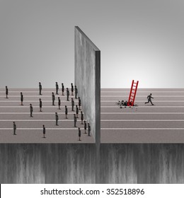 Clever Man Business Success Idea As A Group Of People Stuck In Front Of A Wall Obstacle And One Individual Businessman Using A Smart Strategy By Digging Underground And Using A Ladder To Succeed.