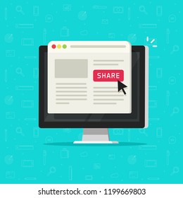 Click to share button on computer, sharing website page on browser window on pc illustration, flat cartoon, concept of social media advertising publishing, online internet marketing image