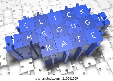 Click Through Rate - puzzle 3d render illustration with block letters on blue jigsaw pieces 