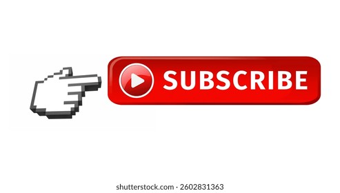 Clicking red subscribe button with play icon, hand encourages online engagement. follow, digital marketing, interaction, web, content creator