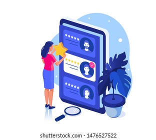 Client make a review or feedback. Can use for web banner, infographics, hero images. Flat isometric modern  illustration.