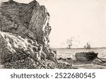 Cliffs and Sea, Sainte-Adresse (1864) by Claude Monet, famous painting. Vintage black and white cliff Impressionist art drawing illustration, Claude Monet cliff and sea old painting art print.