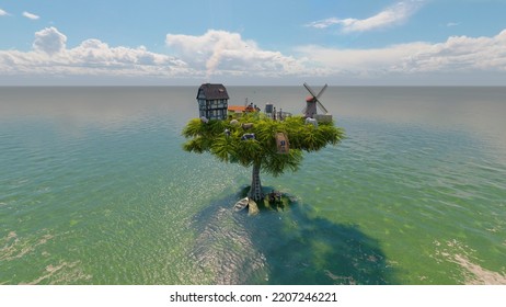 Climate Change - Flooded Land And A Tree With A Settlement Above. 3d Rendering