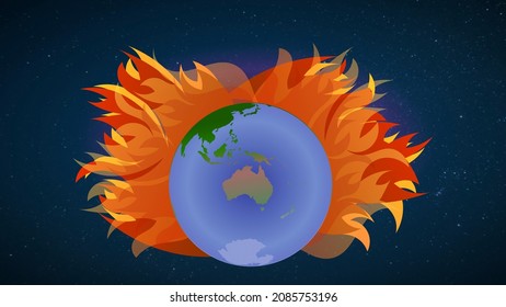 Climate Change Illustration: The Earth Is On Fire, Burning From Global Warming, Fossil Fuel Emissions, Extreme Weather, Or Bushfires. Globe With Australia, New Zealand, And Oceania Being Destroyed.