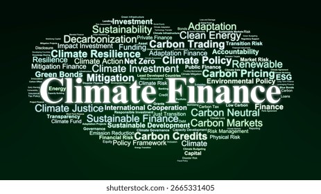 Climate Finance Word Cloud. Composition Of Concepts Related To Funding, Carbon Pricing, Renewable Energy, ESG, And Sustainable Investment For Climate Action And Resilience.
