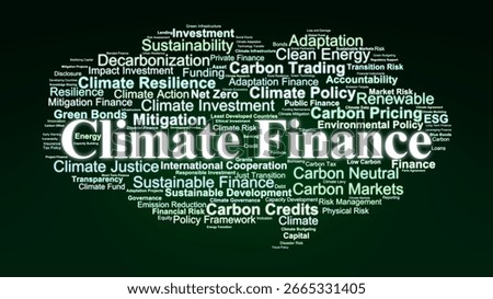 Climate Finance Word Cloud. Composition Of Concepts Related To Funding, Carbon Pricing, Renewable Energy, ESG, And Sustainable Investment For Climate Action And Resilience.