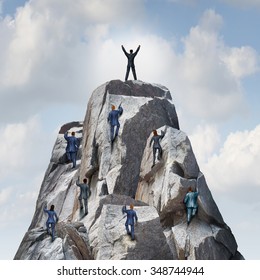 Climb To The Top Career Business Concept As A Group Of Businesspeople Climbing A Rock Mountain With One Individual Leader Reaching The Summit Or Peak As A Success Metaphor.