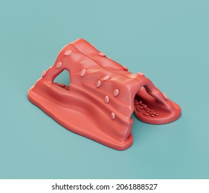 Climbing Cave With Tunnel For Kids. Isometric Red Color Playground Object For Physical And Mental Development Of Children. Monochrome Single Color, 3d Rendering. No People.