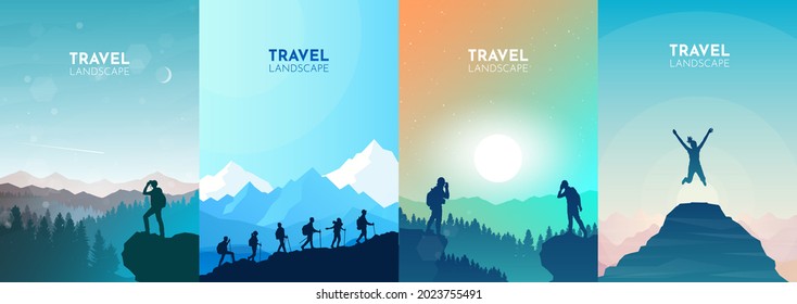 Climbing to the top. Travel concept of discovering, exploring, observing nature. Hiking tourism. Adventure. Minimalist graphic flyers. Polygonal flat design. Collection set of illustrations. - Powered by Shutterstock