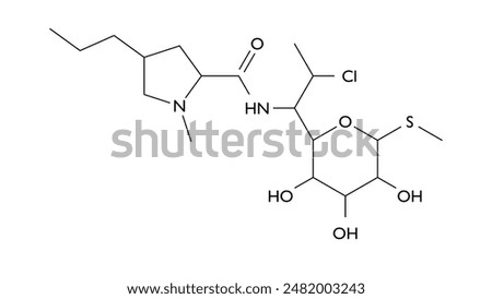 clindamycin molecule, structural chemical formula, ball-and-stick model, isolated image antibiotic