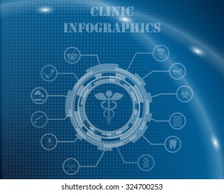 Clinic Infographic Template From Technological Gear Sign, Lines and Icons. Elegant Design With Transparency on Blue Checkered Background With Light Lines and Flash on It.