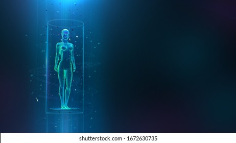 Clinical study, healthcare concept with 3D female body hologram and hud elements. Neural network artificial intelligence examination of human health and proper treatment in HUD style.  3d render