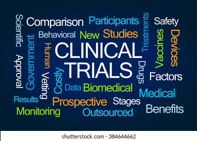 Clinical Trials Word Cloud On Blue Background