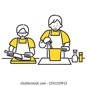 Clip Art Of Elderly Couple Cooking.