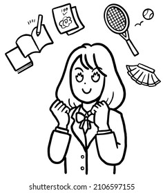 Clip Art Of A High School Girl Working Hard For Her Studies And Club Activities, Line Art.