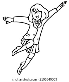 Clip Art Of High School Student Jumping Up And Down, Line Art.