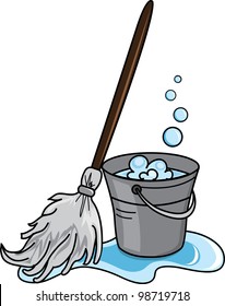 Clip Art Illustration Of A Cleaning Bucket Filled With Soapy Water And A Mop.