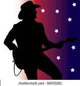 Clip Art Illustration Of A Country Music Guitar Player Silhouette On A Red, White And Blue Background With Stars.