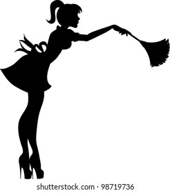 Clip Art Illustration Of A Sexy House Maid In Silhouette Holding A Feather Duster.