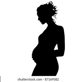 Clip art illustration of a silhouette of a pregnant woman in black and white.