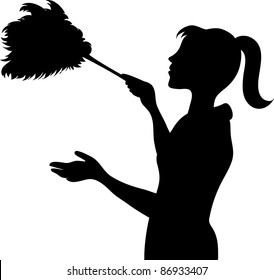 Clip art illustration of the silhouette of a young maid dusting with a feather duster. - Powered by Shutterstock