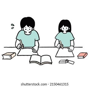 Clip Art Of Junior High School Students Doing Homework Of Summer Vacation.