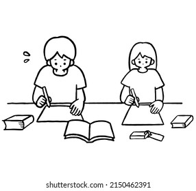 Clip Art Of Junior High School Students Doing Homework Of Summer Vacation, Line Art.