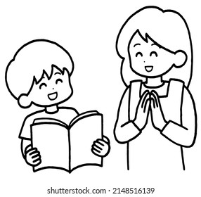 Clip Art Of Mother Praising Her Child, Line Art.