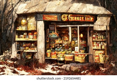 Clip Art Of An Old General Store In The Countryside.