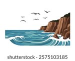 Clip Art Seaside. Ocean waves crashing against cliffs with birds flying above. Vector illustration design.