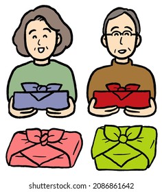 Clip Art Of Senior Man And Woman Holding Furoshiki Wrapping Cloth.