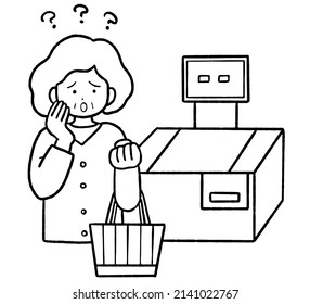 Clip Art Of Senior Woman Who Cannot Use Self Checkout, Line Art.