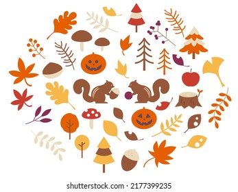 Clip Art Set Of Autumn Plant And Squirrel.