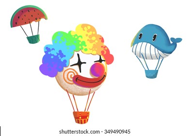 Clip Art Set: Funny Air Balloons Flying isolated White Background  Clown  Whale  Watermelon etc  Realistic Fantastic Cartoon Style Artwork / Story / Scene / Wallpaper / Background / Card Design 