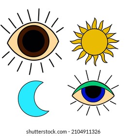 
Clip Art Of Slavic Symbols Sun Moon Eye. Ancient Signs. Set Of Slavic Mythology.