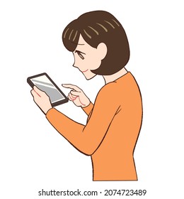 Clip Art Of A Woman Looking At Her Phone And Feeling Relieved