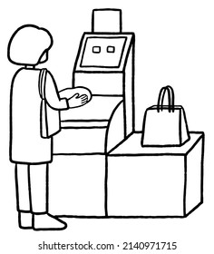 Clip Art Of Woman Paying At Self Checkout, Line Art.