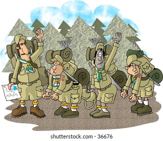 Clipart Illustration Of A Boy Scout Troop On A Hike