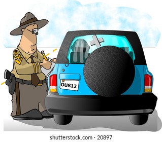 Clipart illustration of a Highway Patrolman giving a citation to a driver.