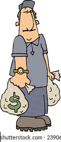Clipart illustration of a man carrying 2 money bags.
