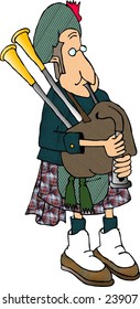 Clipart illustration of a man in traditional Scottish attire playing the bagpipe.