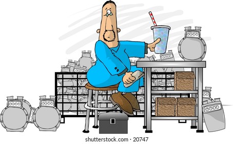 Clipart Illustration Of A Man Working In A Gas Meter Repair Shop.