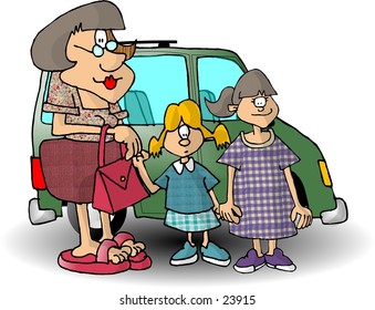 Clipart Illustration Of A Mom And 2 Daughters Standing In Front Of A Mini Van.