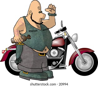 Clipart illustration of a motorcycle club dude with his bike in back.