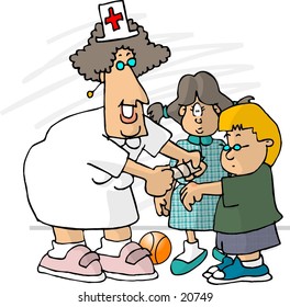 Clipart Illustration Of A School Nurse Putting A Bandaid On A Small Boy.