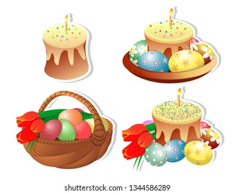 Clip-art set of Easter baskets with Easter cakes and a burning candle on a white background. Isolated. Painted eggs, bouquet of tulips. Congratulations on Easter and spring. illustration.