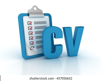 Clipboard Check List With CV Word On White Background  - High Quality 3D Rendering / Illustration 
