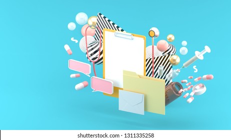 Clipboard, documents and envelopes surrounded by capsules, injections and stethoscope on a blue background.-3d rendering.