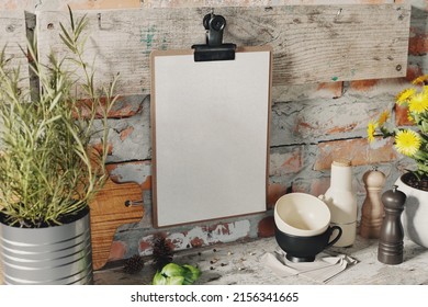 Clipboard Menu Holder Nailed To A Wooden Board Mockup. 3D Rendering